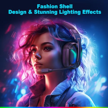 Fachixy Wireless Gaming Headset with Microphone for PC, PS5, PS4, Bluetooth Gaming Headphones - Fast Charge 50Hr Battery, Cool LED Lights for Switch, Laptop, Mobile, Mac 2.4GHz Gamer Headset