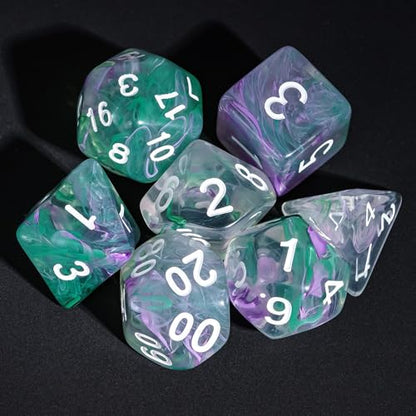 7-Die DND Dice Set Polyhedral Dice Set with a Leather Dice Bag, D&D Dice Set for RPG Table Games (Transparent Green Mix Purple) - color: Green Mix Purple