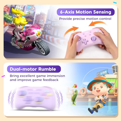 IINE Wireless Controller for Switch/PC/Android/IOS, Cute Gamepad with RGB Lights, Mini Pro Controller with Turbo/Macro/NFC Amiibo/Motion Sensor/Wake-Up/Rumble (Purple) - color: Purple
