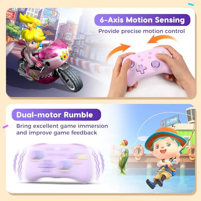 IINE Wireless Controller for Switch/PC/Android/IOS, Cute Gamepad with RGB Lights, Mini Pro Controller with Turbo/Macro/NFC Amiibo/Motion Sensor/Wake-Up/Rumble (Purple) - color: Purple