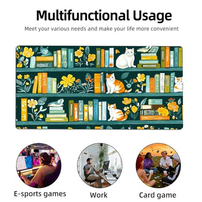 for MTG Playmat TCG Card Game Mat with Stitched Edges,Board Game Mats Non-Slip Waterproof Rubber Base 24 x 14 inch for CCG RPG DTCG Trading Card,Cats Books Flowers - color: Cats Books Flowers
