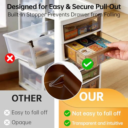 Board Game Storage Cabinet - Plastic Clear Storage Containers, 8-Tier Large Capacity, with Individual Pull-Out Drawers, Lockable Wheels Casters, Ideal for Card Game Boxes and Standard-Size Board Games