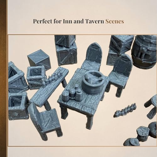 Guardia Cottage Scatter Pack 28mm | Village scatter terrain with furniture, barrels, crates, bushes, and accessories for tabletop RPGs and fantasy settlements.