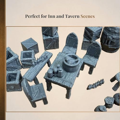 Guardia Cottage Scatter Pack 28mm | Village scatter terrain with furniture, barrels, crates, bushes, and accessories for tabletop RPGs and fantasy settlements.