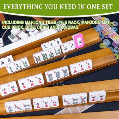 1 American Mahjong Set,Complete Game Kit, 166 Tiles Mahjong Tile Set with Wooden Pushers Racks, Carrying Bag, Mahjong Mat, Score Cards, Chips, Dice & Accessories Mahjong Set