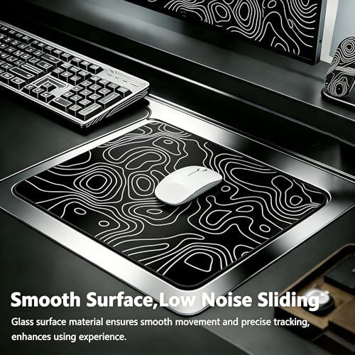 Glass Gaming Mouse Pad,Black Topographic Hard Surface Gaming Mousepad,17.7‘’X15.7'' Tempered Glass Desk Mat,Ultra-Smooth Large Square Desk Mat,Improved Precision and Speed for Esports FPS Players - color: Black(Topographic)