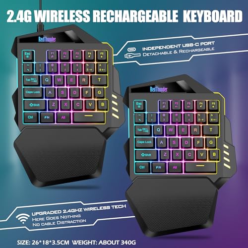 RedThunder Wireless One-Handed Gaming Keyboard, 2.4Ghz RGB Backlit Mini Gaming Keypad, Rechargeable 2000mAh Battery for PC Gamer