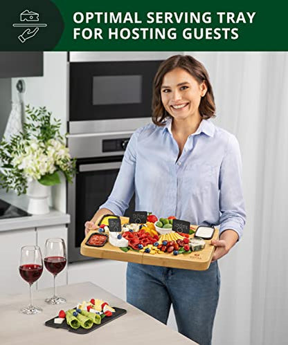 ROYAL CRAFT WOOD Extra Large Bamboo Charcuterie Boards - Large Charcuterie Board Set w/ 3 Sauce Bowls, 4 Knives & Slate Plate - Unique Cheese Board & Serving Tray - Ideal Housewarming Gift - style: 5-8 Guests