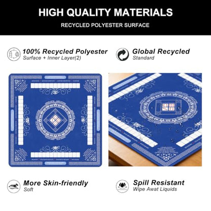 Mahjong Mat for Table with Rules, 31.5" x 31.5" Noise Reduction Non Slip Waterproof Mah Jong Table Mat with Carrying Bag, Suitable for Mahjong, Poker, Board Games, Dominoes, and Card Games - color: Blue White