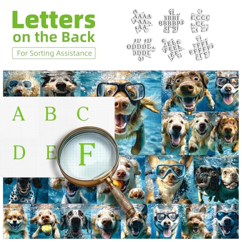 Underwater Dogs Jigsaw Puzzles 1000 Pieces for Adults Funny Cute Dogs Collage Puzzles for Adults 1000 Pieces with Letters on Back Hard Impossible Difficult Challenging Family Puzzle - color: Underwater Dogs