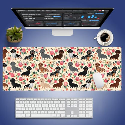 Cute Floral Dachshund Puppies Large Mouse Pad, Wiener Dog Flowers Desk Mat | Funny Doxie Pets Cartoon Art, Seamless Fantasy Design, Pink Rose Animal Print, 31.5" x 11.8", XXL Stitched Keyboard Mat - color: Floral Dachshund