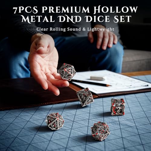 MoKo Dragon Hollow Metal DND Dice Set, Red+Silver | 7 Pcs Polyhedral, D20 D12 D10 D8 D6 D4, For Dungeons and Dragons RPG Games, With Gift Box - color: 4 - Red+sliver