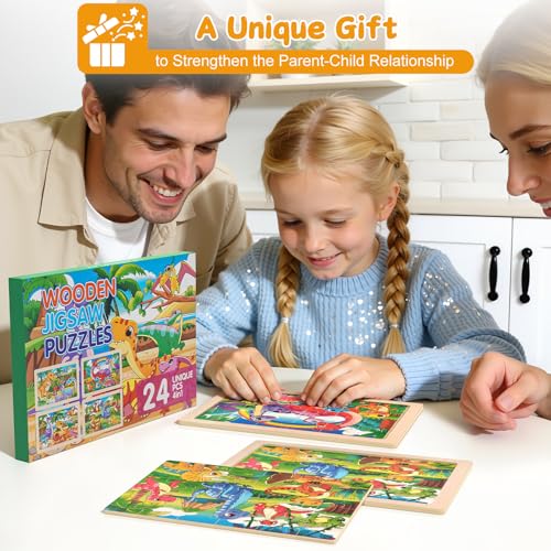 4 Pack Wooden Dinosaur Jigsaw Puzzles for Kids Ages 2-4 Toddler Puzzles | Sensory Toys, Preschool Educational Toys, Toddler Puzzles Gift for 3 4 5 Year Old Boys Girls - color: Dinosaur