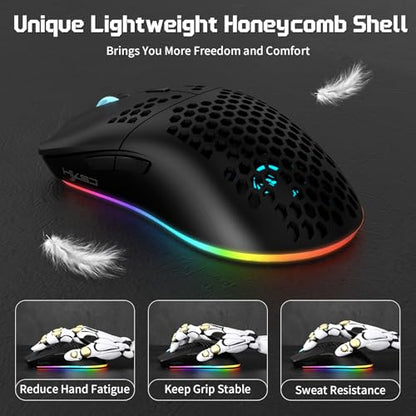 FREEWOLF X HXSJ T66 Wireless Gaming Mouse Tri-Mode Superlight Honeycomb Design PAW3212 3600DPI Sensor 1000Hz Polling Rate Bluetooth/2.4Ghz/Wired Ergonomic PC Mice RGB Light Programmable Buttons-Black - color: black