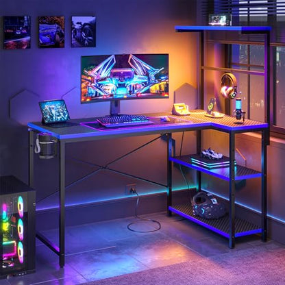 42" L-Shaped Gaming Desk with Power Outlets LED Lights, Black&Blue | Reversible Design, LED Lights, 4-Tier Storage Shelves, Headphone Hook, Foldable Cup Holder, Home Office, Small Space - color: Black&blue, size: 42 Inch