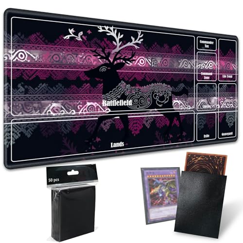 Board Game Mat TCG Playmat Plus 50 Pcs Card Sleeves, 24 x 14 inches Table Mats Games Mousepad with Zones Smooth Surface for MTG RPG CCG Trading Card Game Play Mats, Purple Xmas Deer - color: Purple Xmas Deer, size: Zone 1