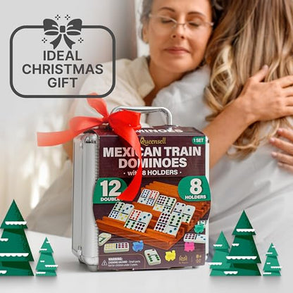 Queensell Mexican Train Dominoes Set with 8 Holders - Wooden Hub and Tiles Holders - Double 12 Tiles with Dots (D12 + 8 Holders) - style: D12 + 8 Holders
