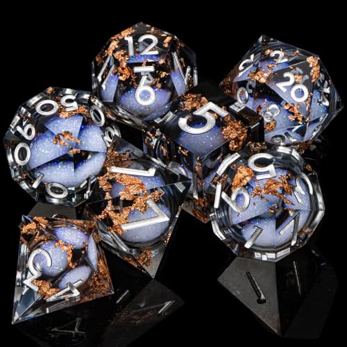 ARUOHHA Liquid Core DND Dice Set, 7pcs Resin Sharp Edged Dragons Dice Role Playing Games, RPG Silver Numbers Black Dungeons Polyhedral Dice with Gift Box D20 D12 D10 D8 D6 D4 - color: Silver Black