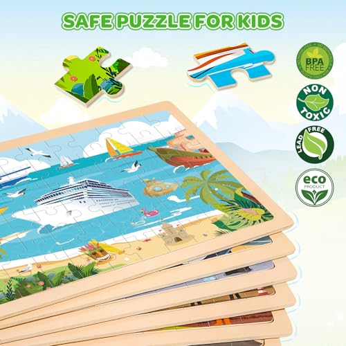 6-Pack Wooden Puzzles for Kids Ages 3-5, 60-Piece Construction Vehicle Set | Toddler Puzzles Ages 3-5, Preschool Puzzles with Wooden Jigsaw Boards for Fine Motor Skills, Shape Recognition and Travel - style: Vehicles