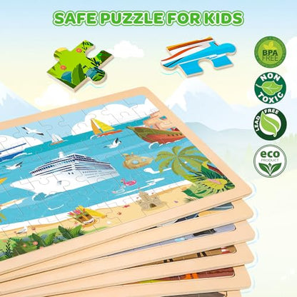 6-Pack Wooden Puzzles for Kids Ages 3-5, 60-Piece Construction Vehicle Set | Toddler Puzzles Ages 3-5, Preschool Puzzles with Wooden Jigsaw Boards for Fine Motor Skills, Shape Recognition and Travel - style: Vehicles