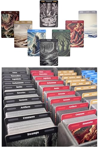 MTG Card Dividers - 77 Plastic Magic Dividers for Deck & Storage Box Organization. Unique Artwork, Color & Type Organizers for Magic The Gathering Cards (2.6 x 3.8 Inches)