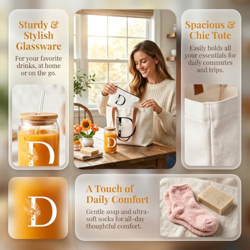 DHQH Birthday Gifts for Women, Monogrammed Gifts Box Included 16 oz Initial Glass Drinking Cup,Canvas Tote Bag, Personalized Iced Coffee Tumbler Gift for Women Her Mom Teacher Friends Sister, D - color: letter-cup-d