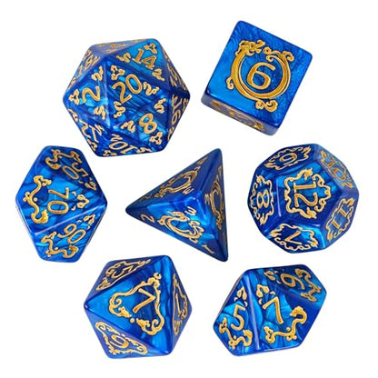 7-Die DND Dice Set Dragon Pattern Polyhedral Die with Leather Bag D&D Dice Set for RPG Table Games (Blue W/Gold Dragon Pattern) - color: Blue W/Gold Dragon Pattern