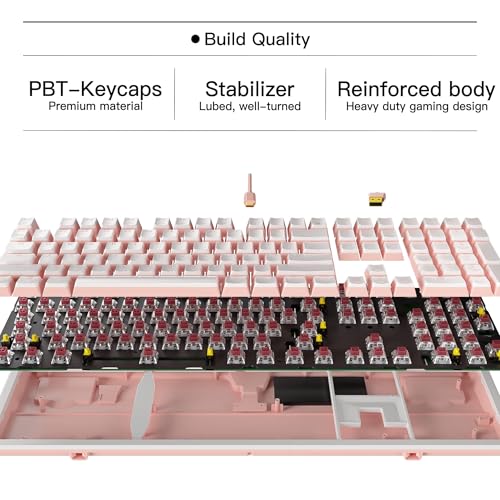 Hexgears X5 Wireless Mechanical Keyboard, Dual-Mode 2.4G/USB-C Ergonomic Full Size 108 Keys Keyboard, Kailh Box 3.0 Clicky Switch, N-Key Rollover, Backlit Gaming Keyboards with Wrist Rest (Pink) - color: Pink Jelly-X5, size: Clicky