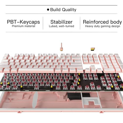 Hexgears X5 Wireless Mechanical Keyboard, Dual-Mode 2.4G/USB-C Ergonomic Full Size 108 Keys Keyboard, Kailh Box 3.0 Linear Switch, N-Key Rollover, Backlit Gaming Keyboards with Wrist Rest (Pink) - color: Pink Jelly-X5, size: Linear