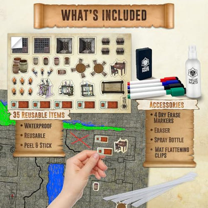 Melee Mats DND Map Starter Set for Dungeons and Dragons - 24” x 36" 3 Pack Double Sided, Wet & Dry Erase Battle Terrain Grid - Tabletop Board Gaming Kit with Accessories