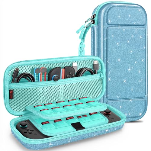 FINTIE Carrying Case for Nintendo Switch 2 (2025), Shockproof Hard Shell Switch 2 Case, Protective Cover Travel Bag with 19 Game Card & 2 Micro SD Card Slots & Inner Pocket, Glittering Blue - color: Glittering Blue