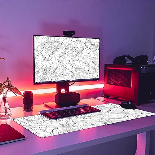 Topographic Large Gaming Mouse Pad,White Mouse Pad Gaming Mouse Mat Desk Pad,31.5 x 11.8 Desk Mat Minimalist Mouse Pads for Desk,Extended White Keyboard Mousepad with Non-Slip Base and Stitched Edge - color: White Topographic Contour