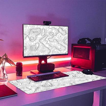 Topographic Large Gaming Mouse Pad,White Mouse Pad Gaming Mouse Mat Desk Pad,31.5 x 11.8 Desk Mat Minimalist Mouse Pads for Desk,Extended White Keyboard Mousepad with Non-Slip Base and Stitched Edge - color: White Topographic Contour