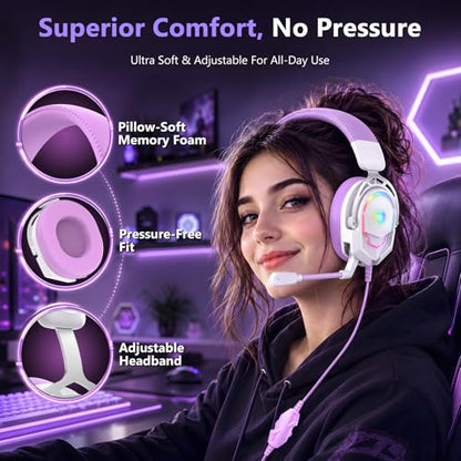 K98 Wired RGB Gaming Headset with Mic, Over Ear Gaming Headphones, 50mm Neodymium Drivers, Noise Isolating Microphone, Memory Foam Cushions, Aluminum Alloy Frame for PC, PS5, PS4, Xbox, Switch - color: White/Purple RGB