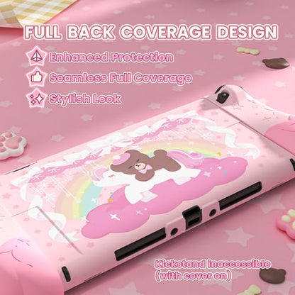 PlayVital Good Night Bear Dockable Case for Nintendo Switch 2 with Stand | Split Design Silicone Joycon Grips, PC Console Hard Shell, 2 Joystick Caps | Cute Protective Cover Bundle – Pink - color: Pink