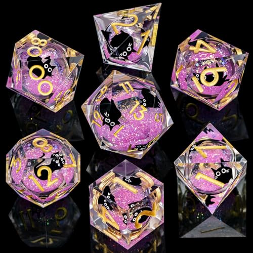 DND Cat Dice Set Pink Sharp Edge Dice with Box, RPG D and D Dice Dungeons Dragons Role Playing Game Polyhedral Resin Dice Set D20 D12 D10 D8 D6 D4 - color: Pink Gold