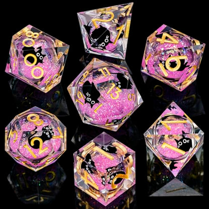 DND Cat Dice Set Pink Sharp Edge Dice with Box, RPG D and D Dice Dungeons Dragons Role Playing Game Polyhedral Resin Dice Set D20 D12 D10 D8 D6 D4 - color: Pink Gold
