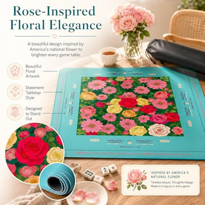Red Rose Mahjong Mat 33x33 Inch, Floral Mahjong Mat with Carry Bag, Non-Slip Noise Reducing Waterproof Mahjong Table Mat for American Mahjong, Poker & Board Games