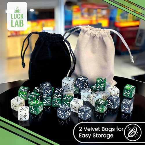 Luck Lab MTG Magic Life Counter Dice - 48 PCS Compatible w/Magic Card Game Accessories, CCG Creature Stats w/ 2 Dice Bags (Green Swirl, White Pearl, Black Pearl) - color: Green Swirl, Green Swirl, White Pearl, Black Pearl