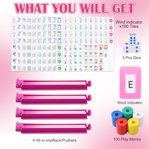 Ceenna American Mahjong Set Complete 160 Pcs Tile/Pushers/Carrying Bag/dice/Chips, 1.2 Inch Rose Pink Back Melamine Mahjong Tiles, Hand Carved Pattern for Adult Mah Jong, Beginners - style: Vitality