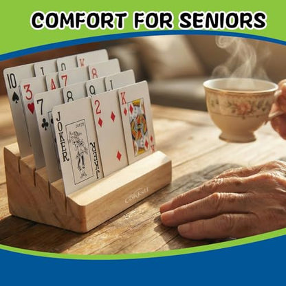 6-Piece Playing Card Holder Collection: 2 Wooden & 4 Plastic Hands-Free Organizers for Board Games, Canasta Card Holder Set for Adults & Small Hands, Fits Most Standard Cards, Mixed Pack