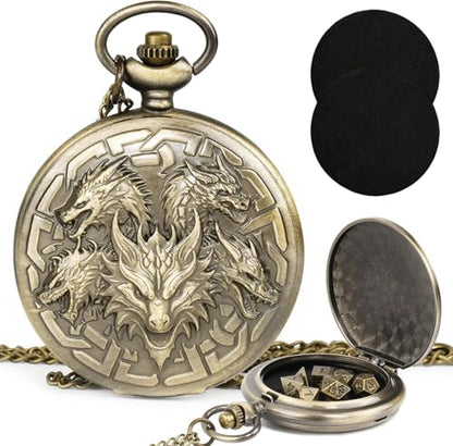 Kabinka DND Dice Set, 7pcs Mini Metal Dice with Pocket Watch Shell, Portable D&D Die with Necklace, Dungeons and Dragons Dice for RPG(Five-Headed Dragon, Bronze) - color: Bronze, style: Five-Headed Dragon