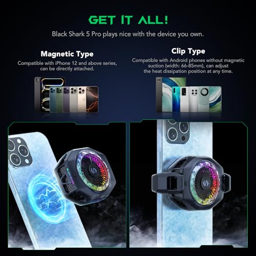 Black Shark Magnetic Phone Cooler 5 Pro - 18 Addressable RGB LEDs, Detachable Grip, APP-Controlled Thermostatic Cooling Fan for iPhone MagSafe/Android/iPad -Gaming/Streaming/Photography - color: 5 Pro Black