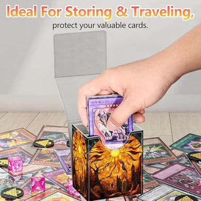 Card Deck Box, Card Storage Box Fits 100+ Single Sleeved Cards, Large Capacity PU Leather Card Storage Box with Strong Magnet for Magic Commander TCG/CCG, Magic Sun - color: Magic Sun