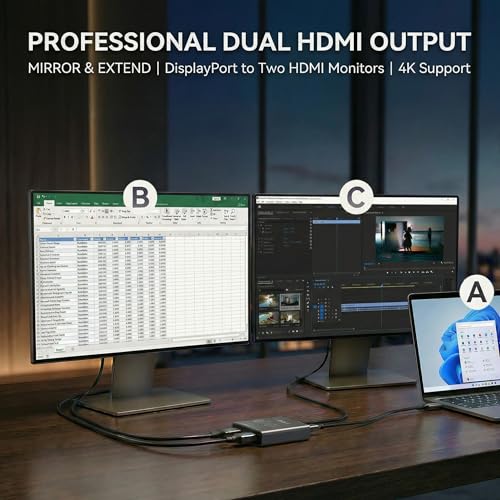 DisplayPort to Dual HDMI Adapter 4K 60Hz, MST Hub Splitter | Converter Dual Monitors Extended Display SST MST Hub, Display Port Extend 1 in 2 HDMI Out, DP to 2X HDMI 2.0