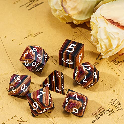 Wooden DND Dice Set Wood Polyhedral Dice Set D&D for Tabletop Games | Iron Box, DM Gift, for Dungeons and Dragons Role Playing Games - color: Yellow Striped