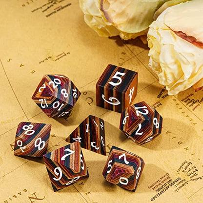 Wooden DND Dice Set Wood Polyhedral Dice Set D&D for Tabletop Games | Iron Box, DM Gift, for Dungeons and Dragons Role Playing Games - color: Yellow Striped