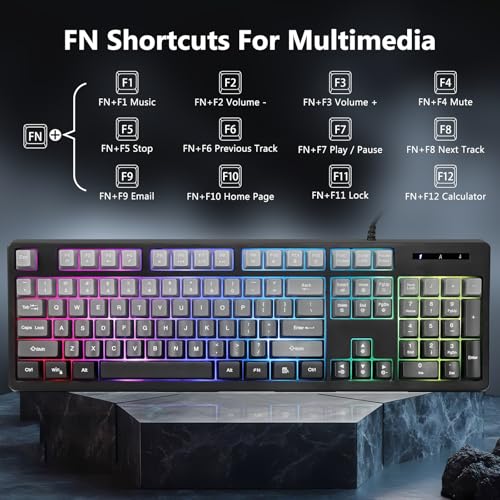 HUO JI Wired Gaming Keyboard with RGB LED Backlit, Floating Keys, Membrane with Mechanical Feeling, Spill Resistant, Ergonomic for Xbox, PS Series, Desktop, Computer, PC, Gradient Gray - color: Grey