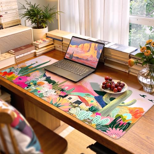 iCasso Desk Mat,Cute Mouse Pad for Desk,35"x16",Home Office, Cactus | Waterproof Desk Pad with Non-Slip Rubber Base and Stitched Edges, Extended Keyboard Mousepad for Computer, Home Workspace - color: A-cactus
