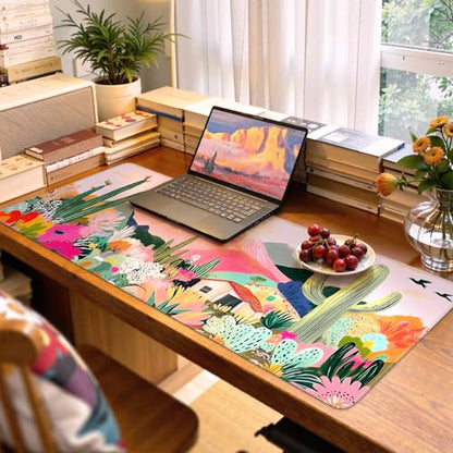 iCasso Desk Mat,Cute Mouse Pad for Desk,35"x16",Home Office, Cactus | Waterproof Desk Pad with Non-Slip Rubber Base and Stitched Edges, Extended Keyboard Mousepad for Computer, Home Workspace - color: A-cactus
